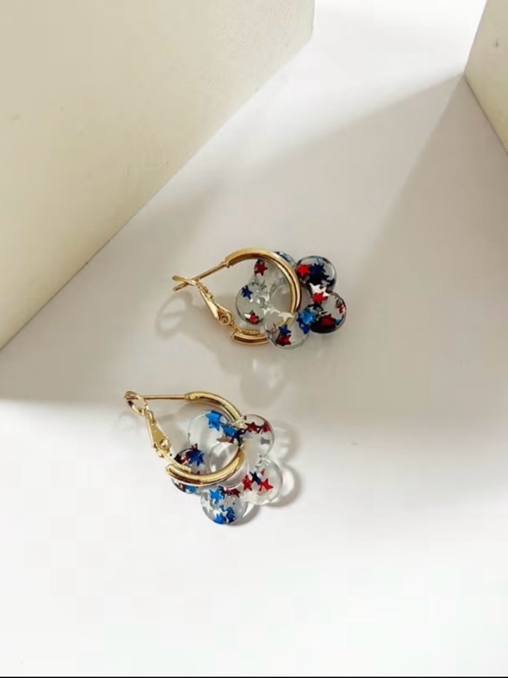 Gold Hoop Earrings with Red & Blue Star Flower Drops - Picture 3 of 3